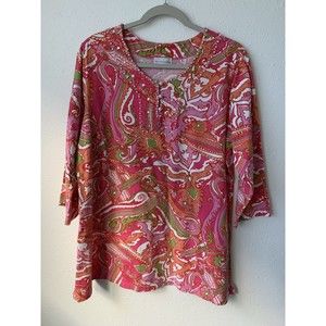 Soft Surroundings XL Pink Paisley Beaded Rhinestone 3/4 Sleeve Top